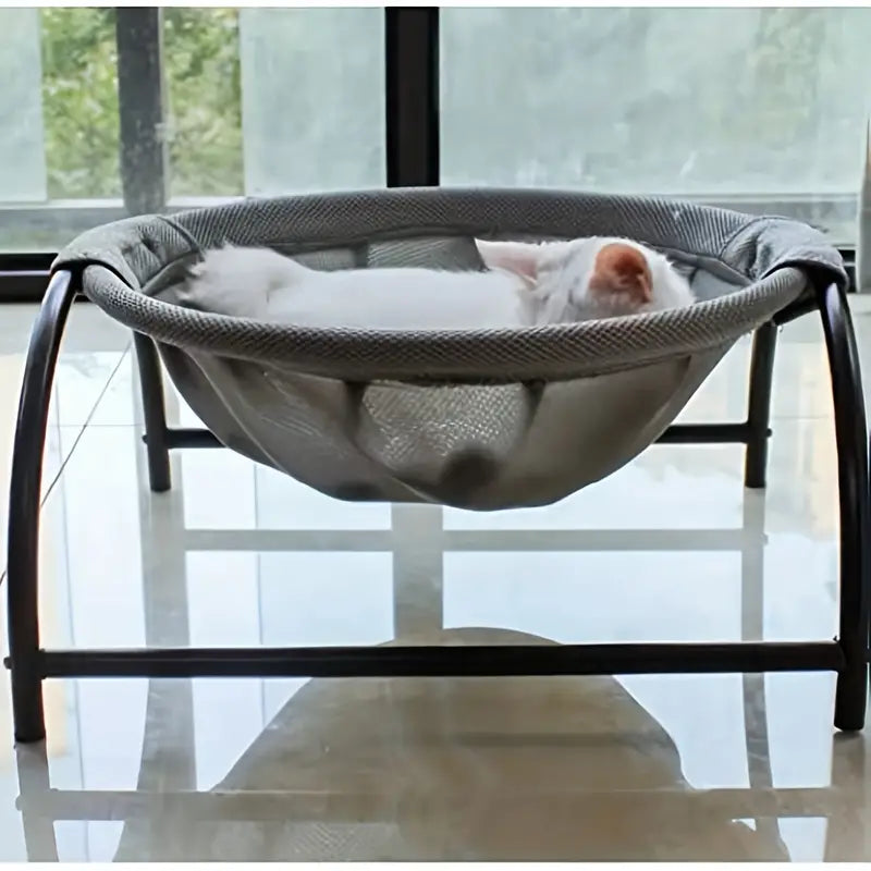 Cat sleeping in a modern pet hammock with large windows in the background